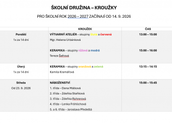 Rozpis kroužků pro školní rok 2026-2027